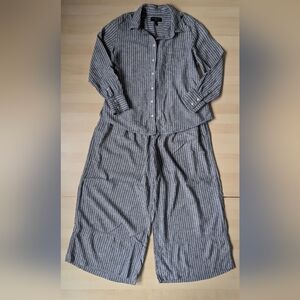 Banana Republic Womens Striped Linen Set - Blue Grey White Wide Leg Button Shirt